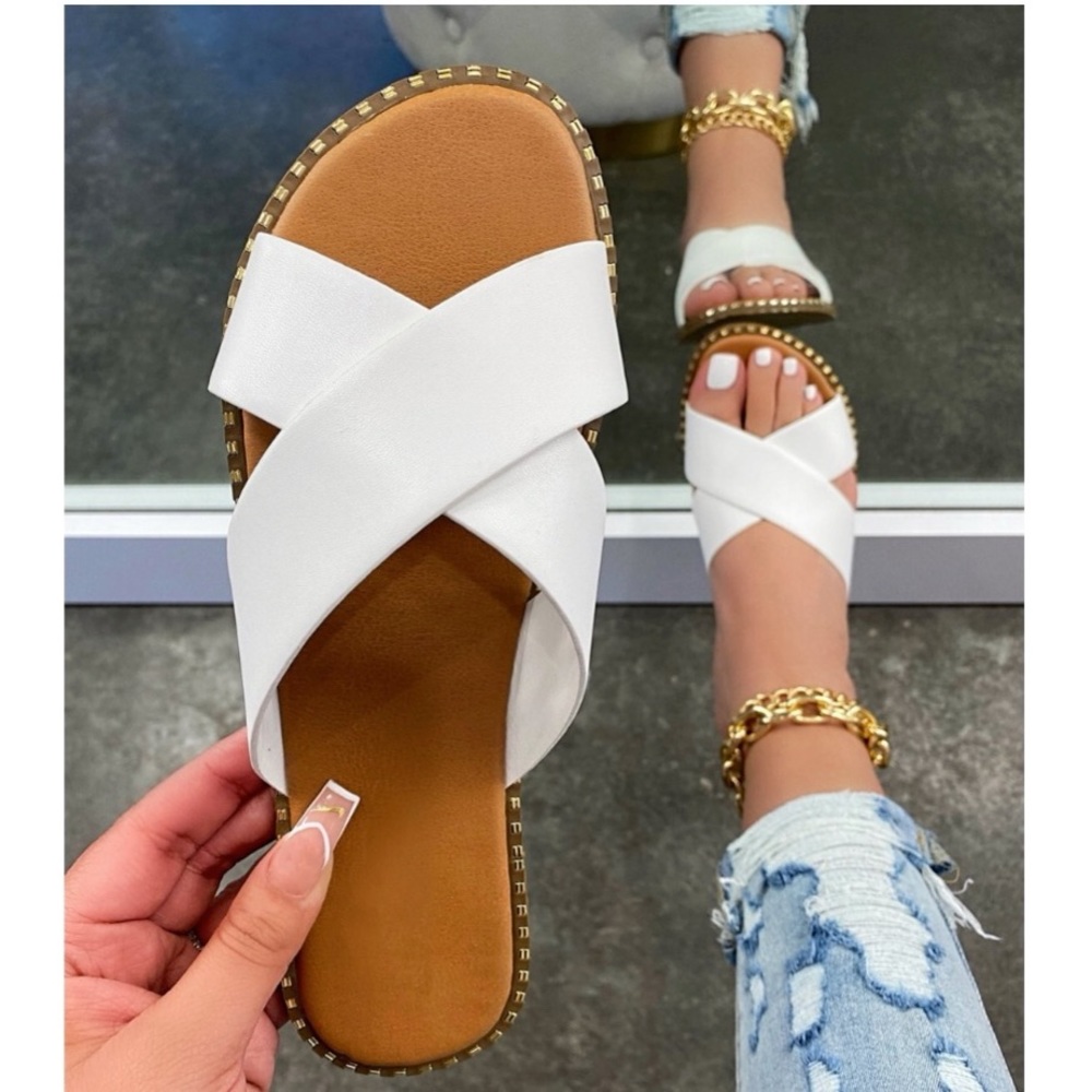 White X Band Studded Slide Flat Sandals